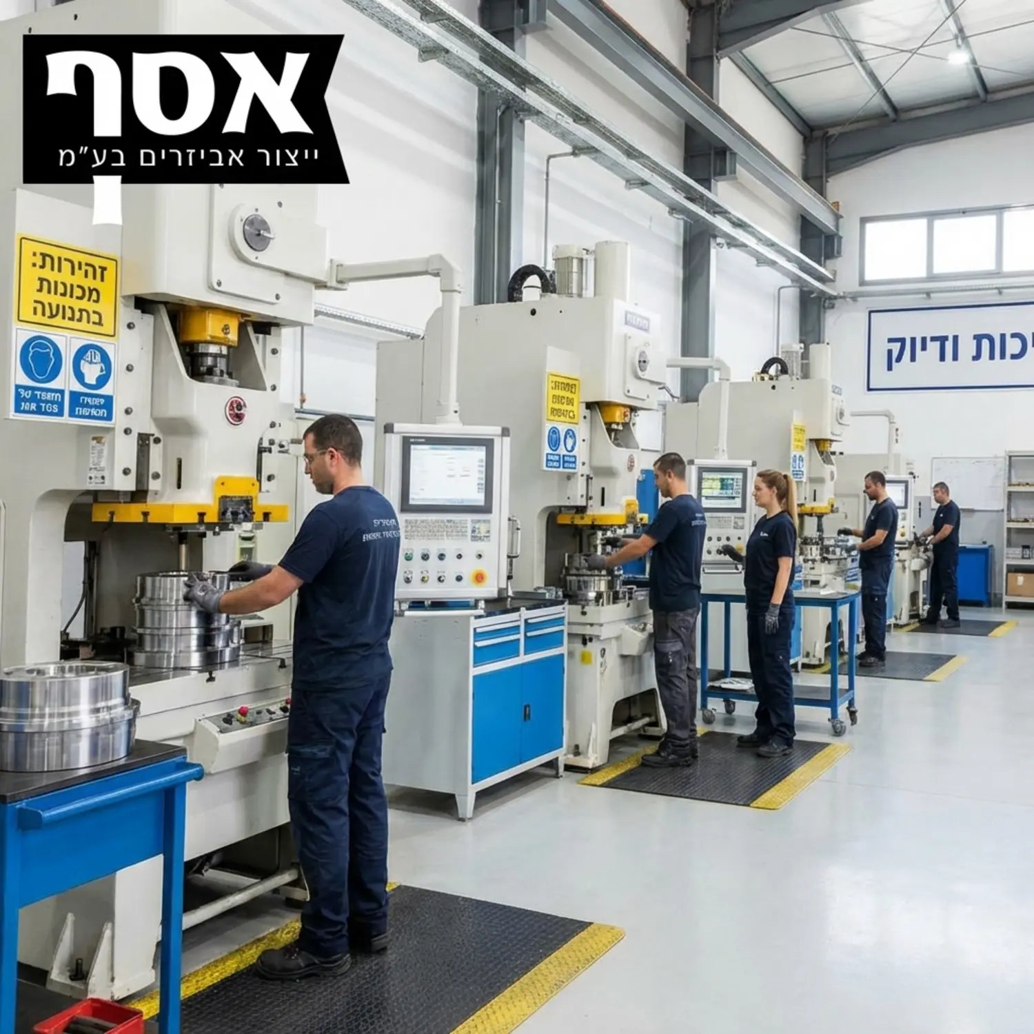 תמונה באיכות גבוהה של רצפת ייצור מודרנית ונקייה, בה רואים מפעילי מכונות מיומנים מבצעים עבודה על מכבשים מתקדמים עם חלקי מתכת מבריקים ברקע