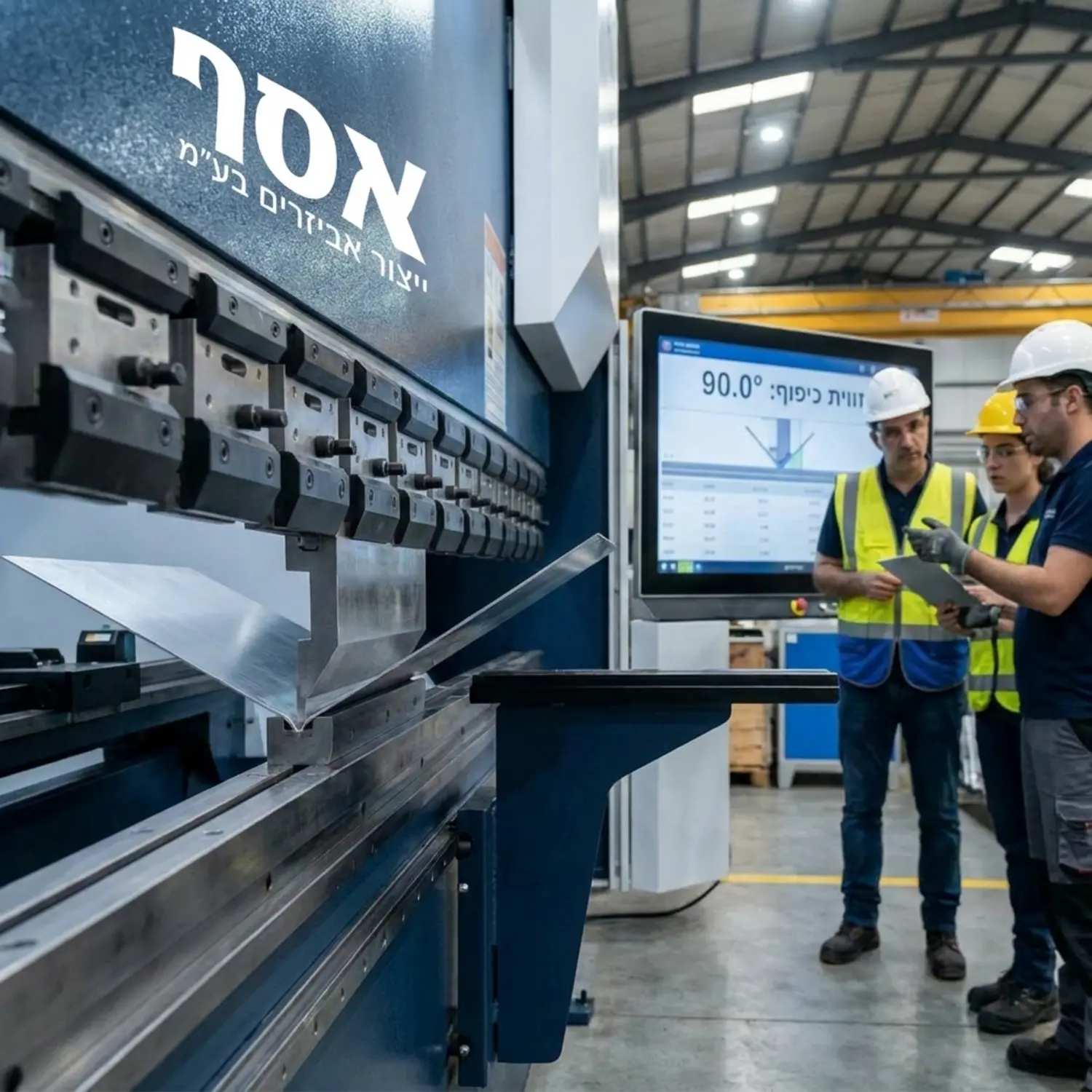 תמונה תקריב באיכות גבוהה של מכונת כיפוף חשמלית מודרנית מכופפת פח אלומיניום דק, כאשר ברקע ניתן לראות צג דיגיטלי המציג זוויות ברמת דיוק של עשירית המעלות וצוות טכני מפקח על התהליך