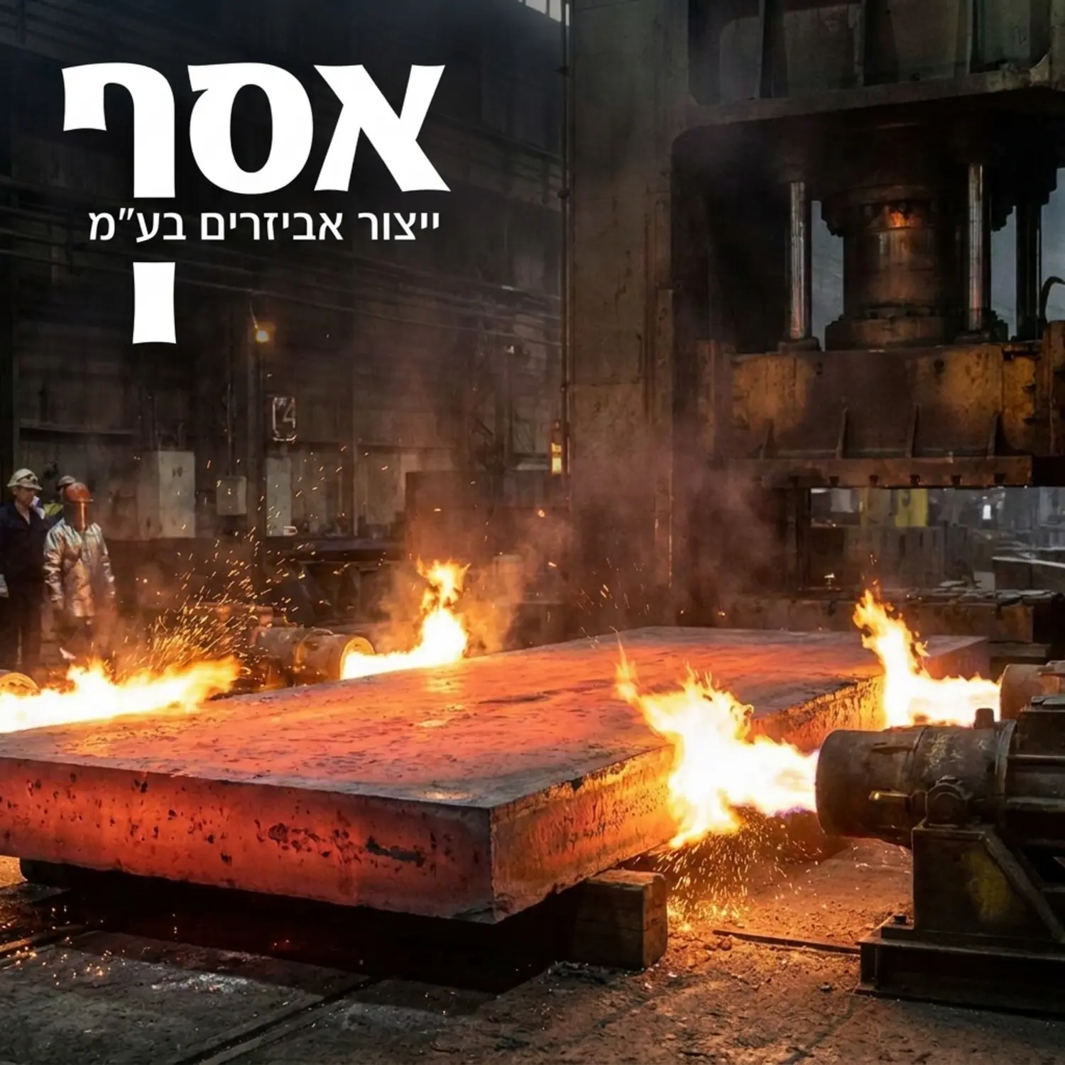 תמונה תעשייתית של פח פלדה עבה במיוחד שעובר תהליך חימום מקומי באמצעות מבערים תעשייתיים לקראת עיבוד במכבש כבד, עם ברק כתום של מתכת לוהטת