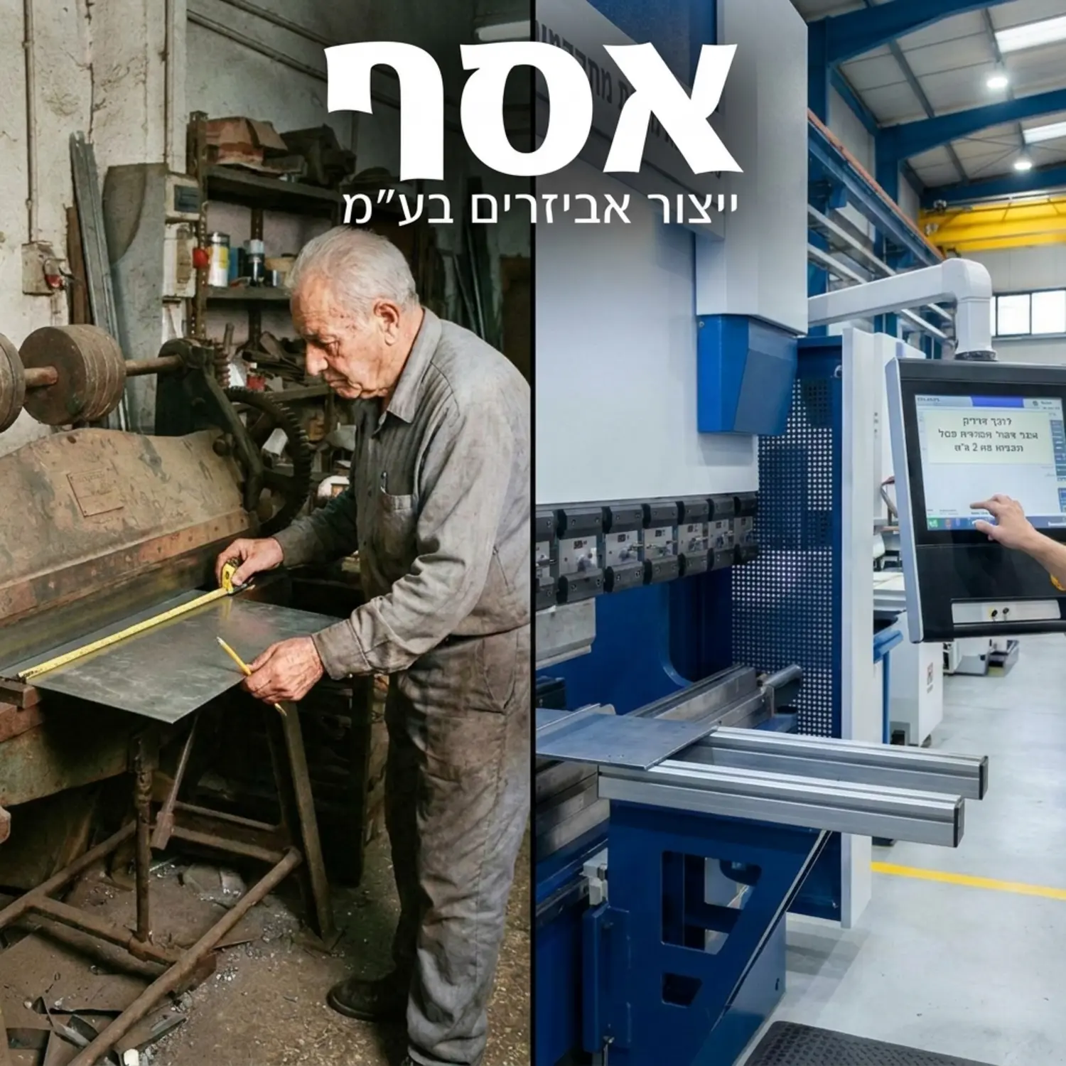 תמונה מפוצלת המציגה בצד אחד פועל מודד פח במכונת כיפוף ידנית ישנה ובצד השני מפעיל מול מסך מגע של מכונת כיפוף CNC מודרנית עם עוצר אחורי אוטומטי