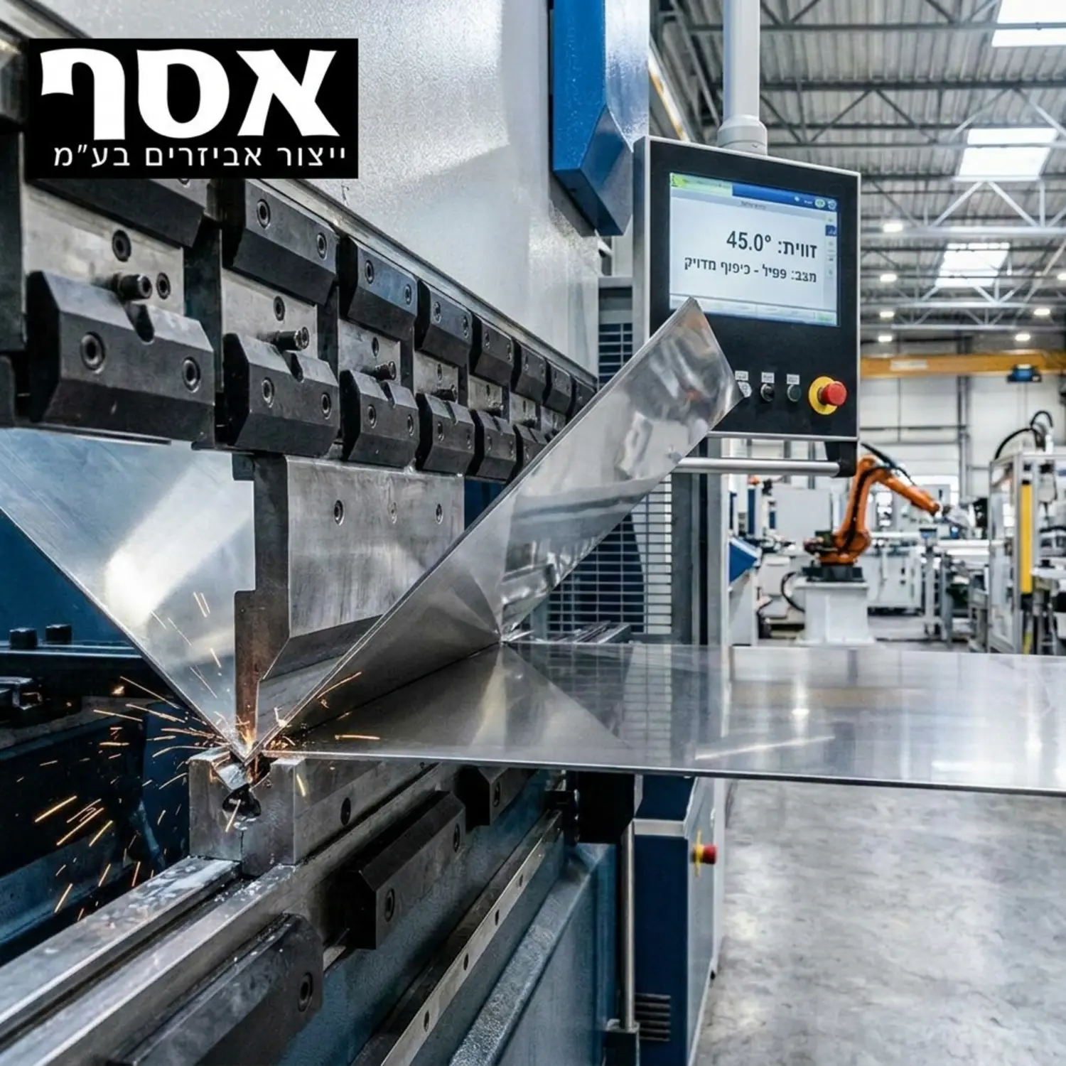 צילום תקריב של מכונת כיפוף פחים CNC מבצעת זווית מדויקת במשטח מתכת מבריק בתוך אולם ייצור תעשייתי מתקדם
