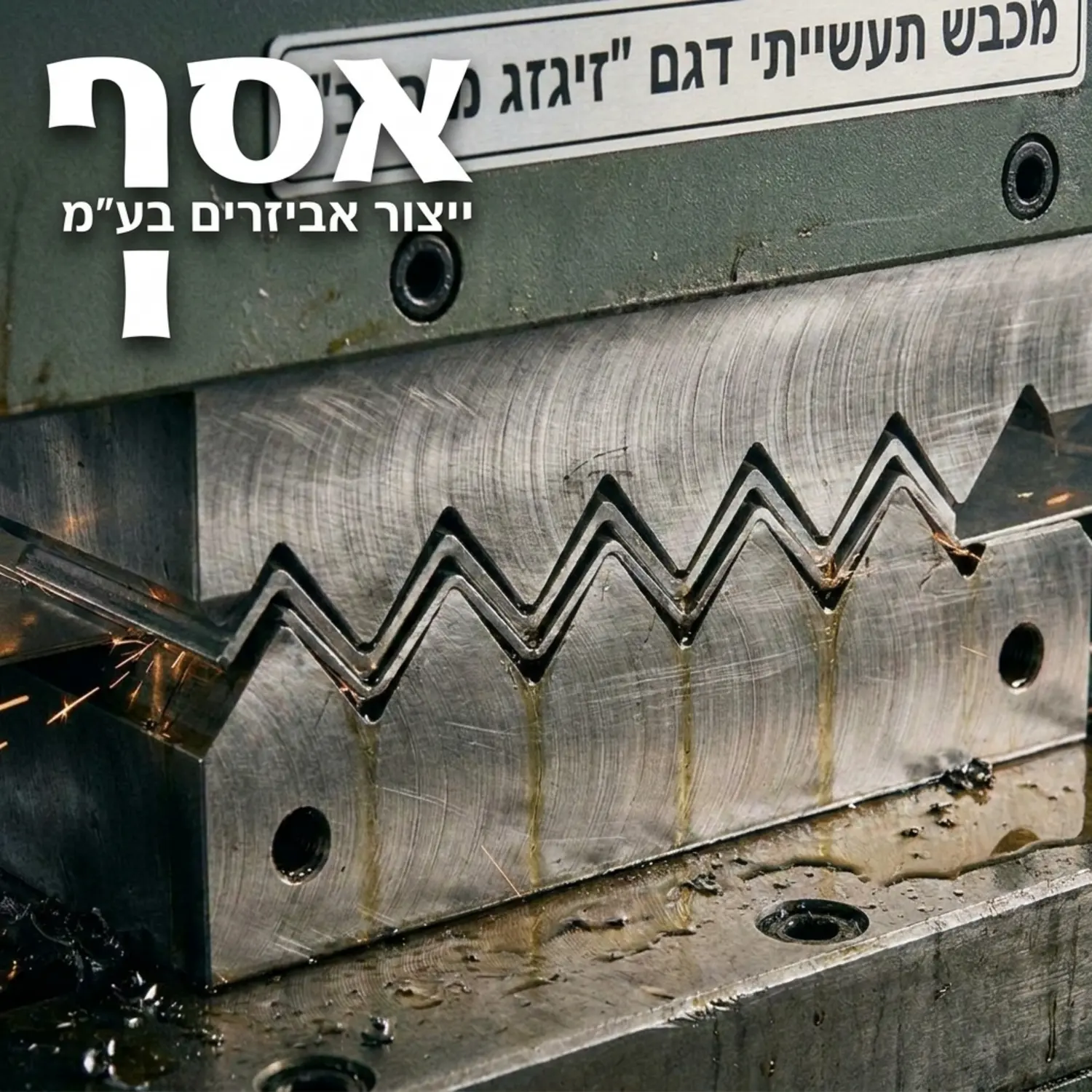 צילום תקריב איכותי של מכבש תעשייתי המשתמש במבלט ייעודי ליצירת צורת זיגזג מורכבת בפח מתכת, רואים בבירור את התאמת הכלי לזווית הפח עם תאורת סטודיו דרמטית המדגישה את הטקסטורה של המתכת