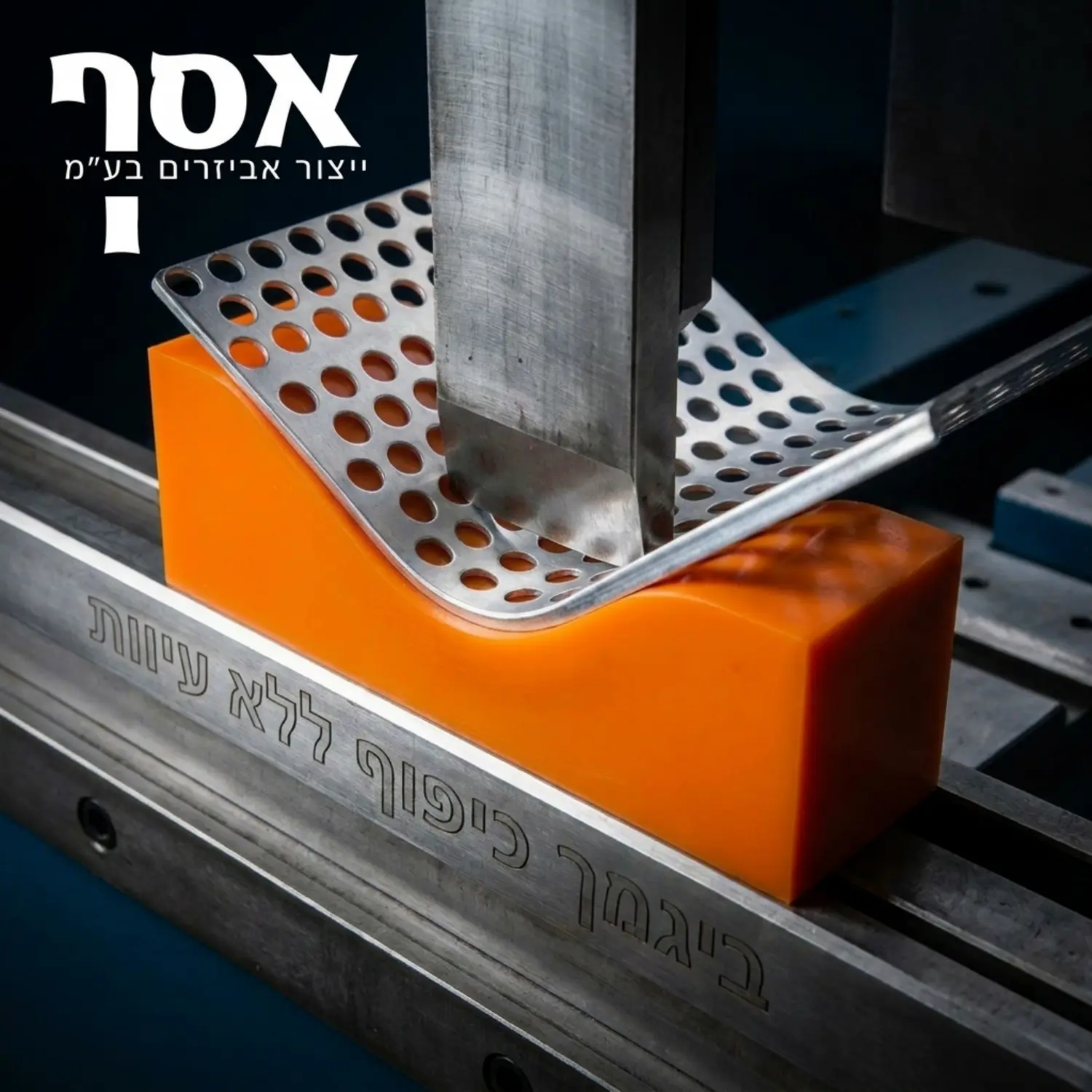 תמונה תקריב של מכבש כיפוף המציגה את סכין הפלדה לוחצת פח אלומיניום מחורר לתוך מטריצה כתומה עשויה מפוליאוריטן החומר עוטף את הפח ברכות ומונע את עיוות החורים באזור הרדיוס