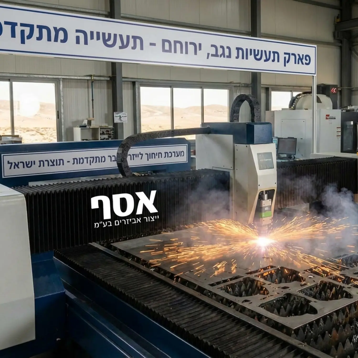 תמונה באיכות גבוהה של רצפת ייצור מתקדמת בירוחם המציגה מכונת חיתוך פחים בלייזר פייבר בפעולה תוך כדי חיתוך לוח מתכת מורכב כאשר ניצוצות עדינים של פלדה מותכת מוארים ברקע