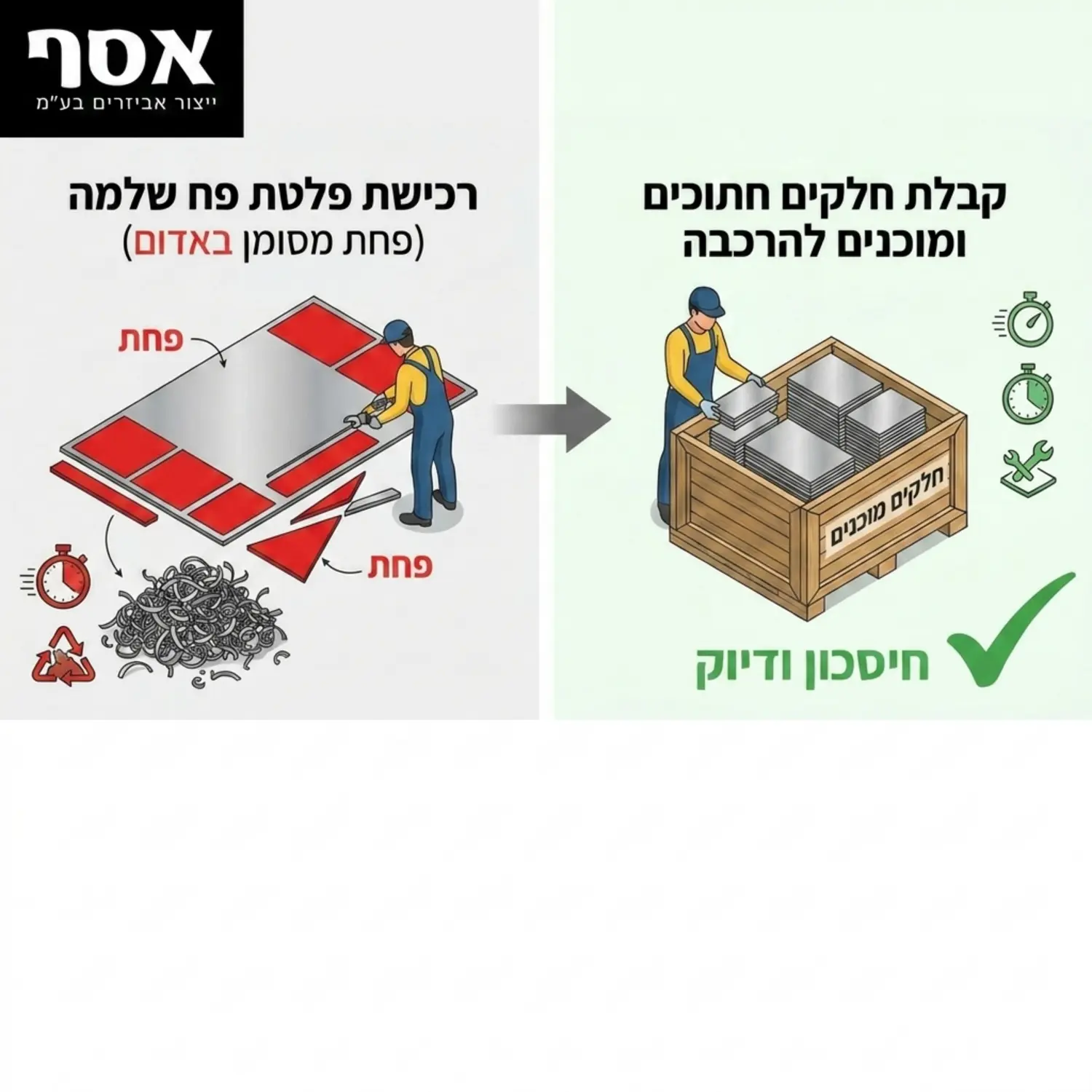 אינפוגרפיקה המציגה השוואה ויזואלית בין רכישת פלטת פח שלמה עם שטחים אדומים המסמנים פחת, לעומת קבלת ארגז מאורגן של חלקים חתוכים ומוכנים להרכבה