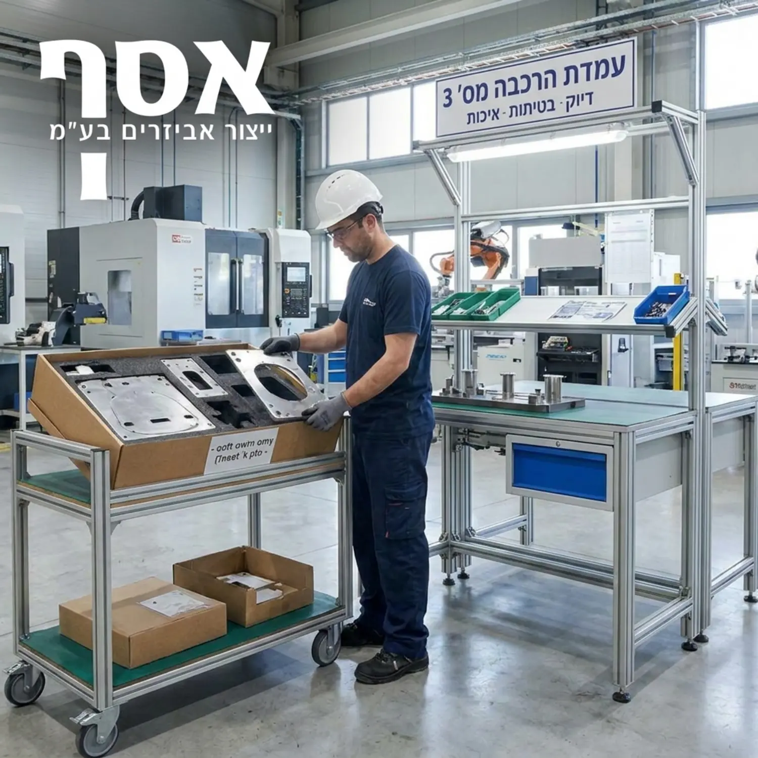 תמונה של רצפת ייצור נקייה ומסודרת במפעל תעשייתי, כאשר במרכז נראה עובד מוציא חלק מתכת חתוך מתוך ערכה מוכנה ישירות לעמדת ההרכבה