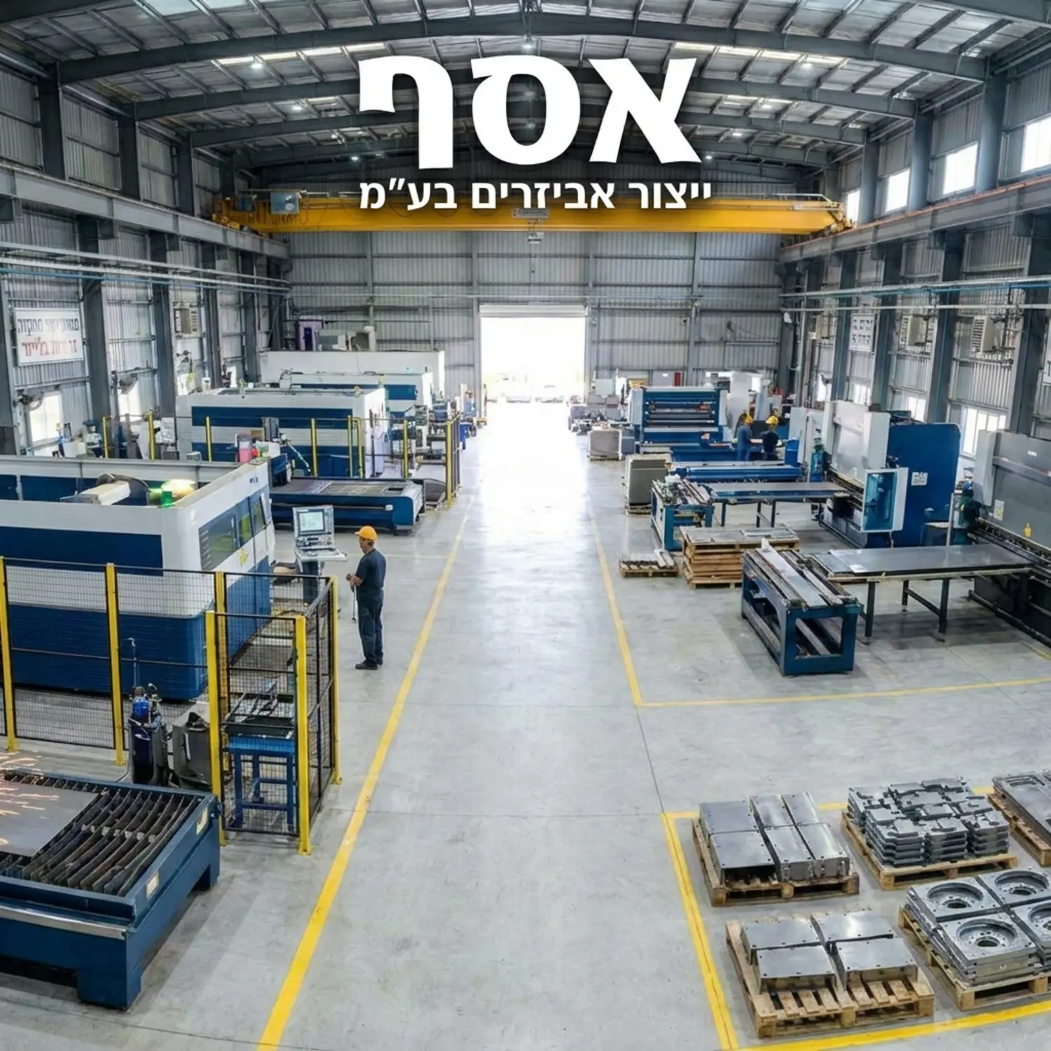 צילום רחב של מתחם תעשייתי גדול ומתקדם, המציג מכונות חיתוך לייזר וכיפוף פחים פועלות, עם משטחים מסודרים של חלקי מתכת הממתינים לשילוח