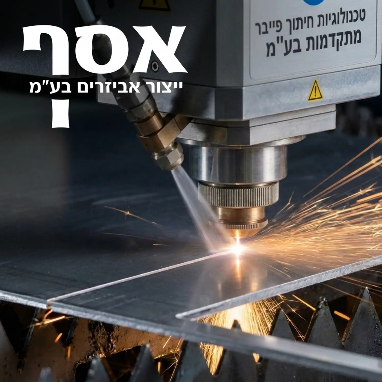 תמונה תקריב של ראש חיתוך פייבר מודרני חותך פח אלומיניום עבה עם פיזור גז חנקן היוצר קו חיתוך חלק ונקי ללא עיוותים בחומר תחת תאורה תעשייתית