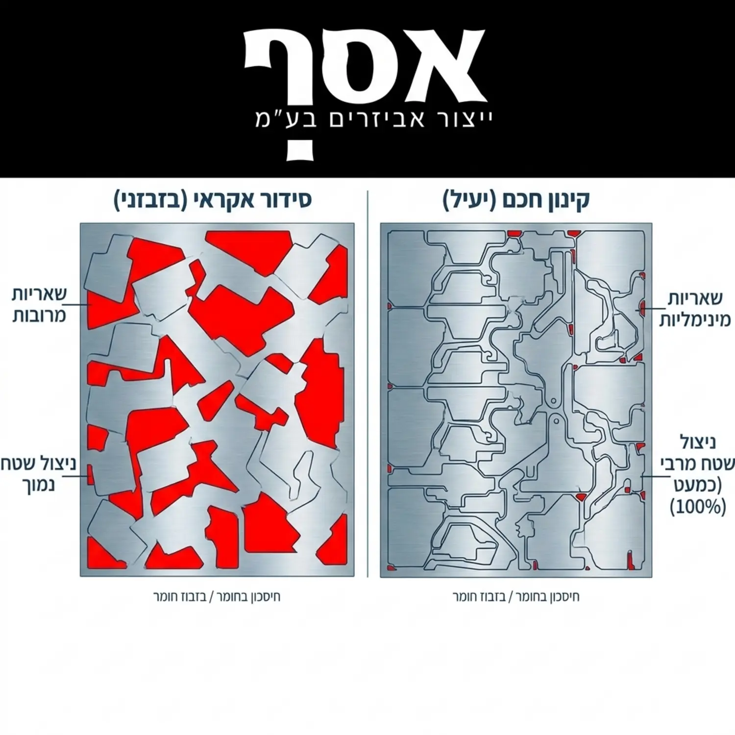 אינפוגרפיקה המציגה השוואה ויזואלית בין לוח פח עם סידור חלקים אקראי ושאריות רבות המסומנות באדום לעומת לוח עם קינון חכם המנצל כמעט מאה אחוזים משטח הפח והשאריות בו מינימליות