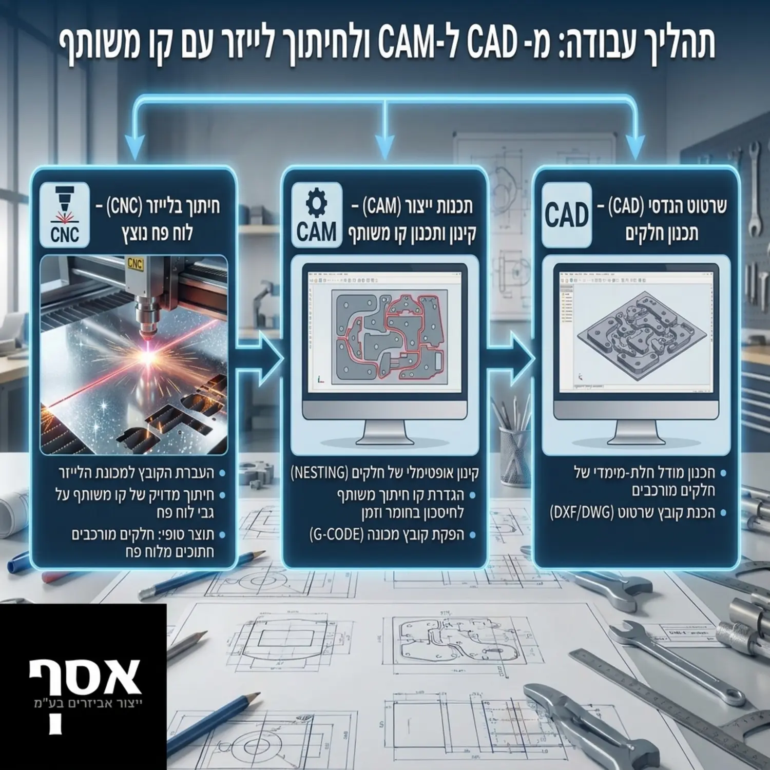 תרשים זרימה המדגים את תהליך העבודה מתוכנת השרטוט ההנדסי אל תוכנת הקאם ומשם אל מכונת הלייזר החותכת קו משותף למספר חלקים מורכבים על גבי לוח פח נוצץ