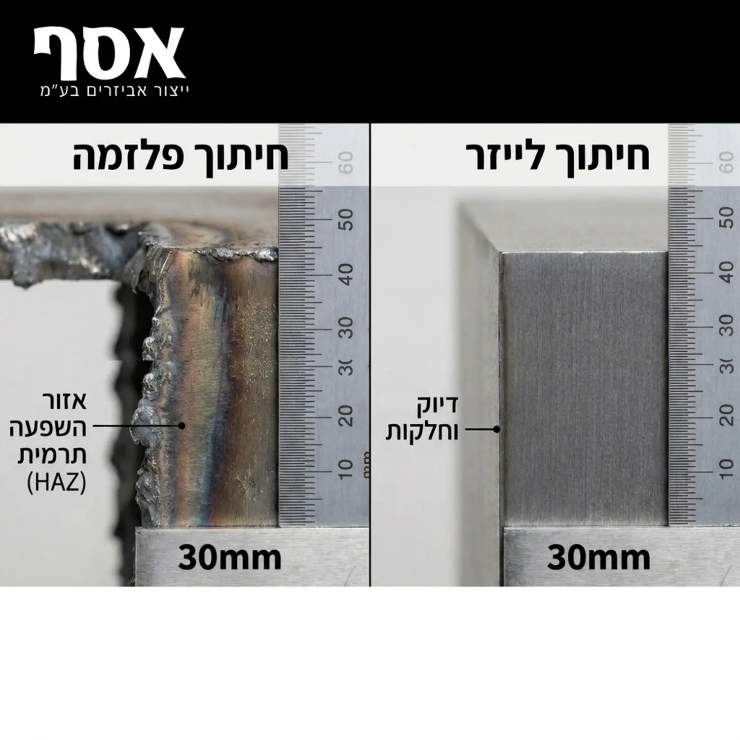 תמונה המציגה השוואה תקריבית של קצה פח בעובי 30 מילימטר חתוך בפלזמה לעומת לייזר, מדגישה את אזור ההשפעה התרמית והחלקות של החתך