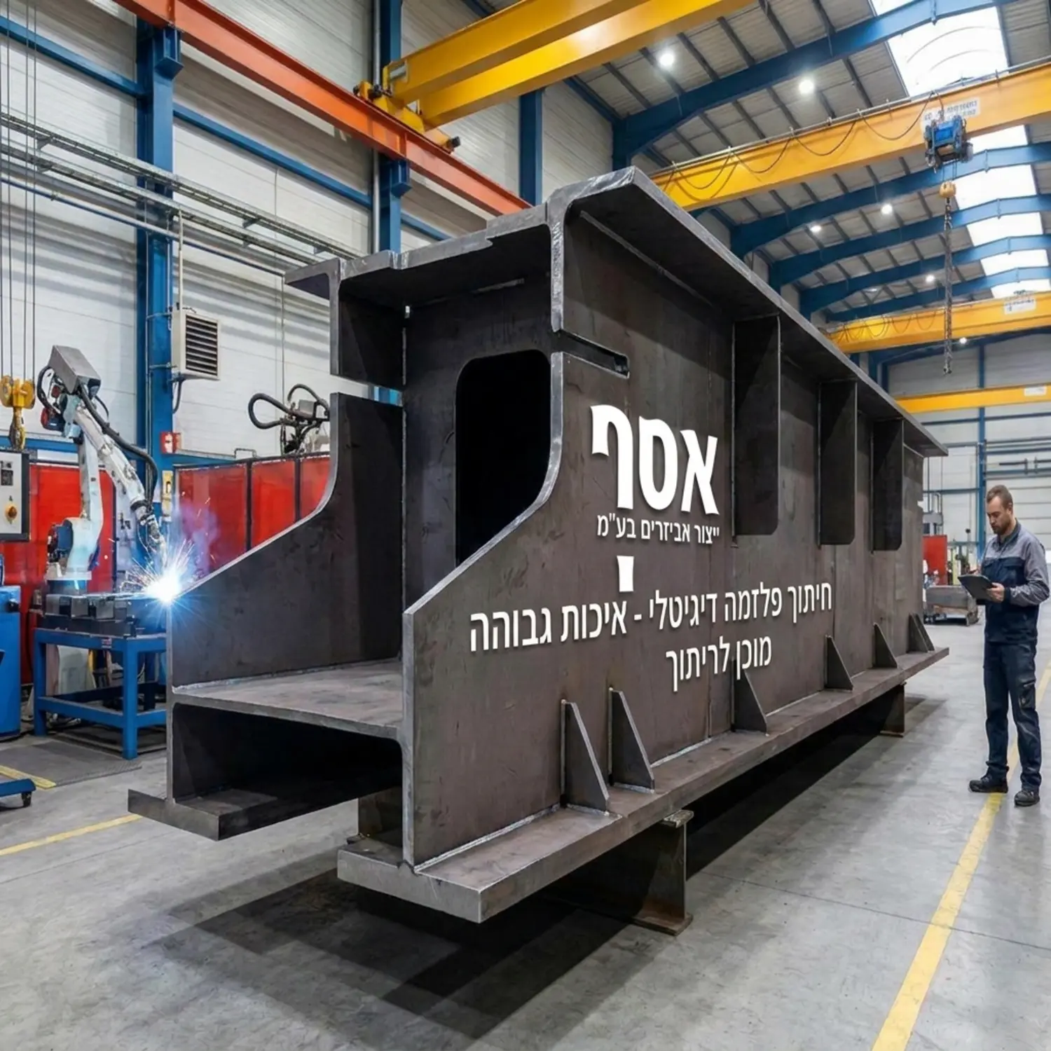 תמונה של רכיב תשתית כבד מפלדה שיוצר באמצעות חיתוך פלזמה מדוייק ומוכן לתהליך הריתוך במפעל מתקדם