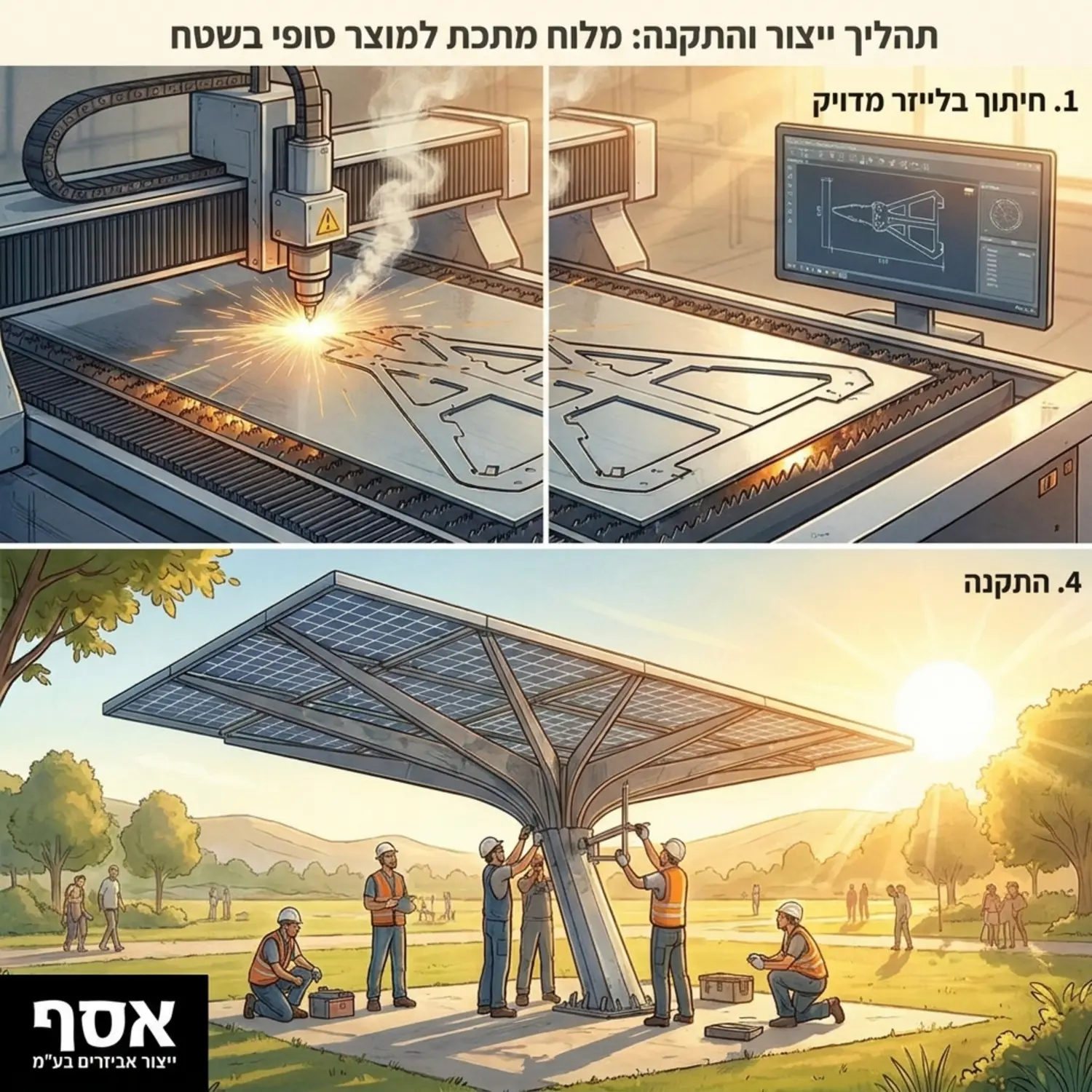 אינפוגרפיקה מרשימה המראה חלק מתכתי מורכב שנחתך בלייזר ועובר שלבי המשך הכוללים כיפוף מדויק ולבסוף מורכב למוצר סופי המותקן בשטח פתוח תחת אור שמש