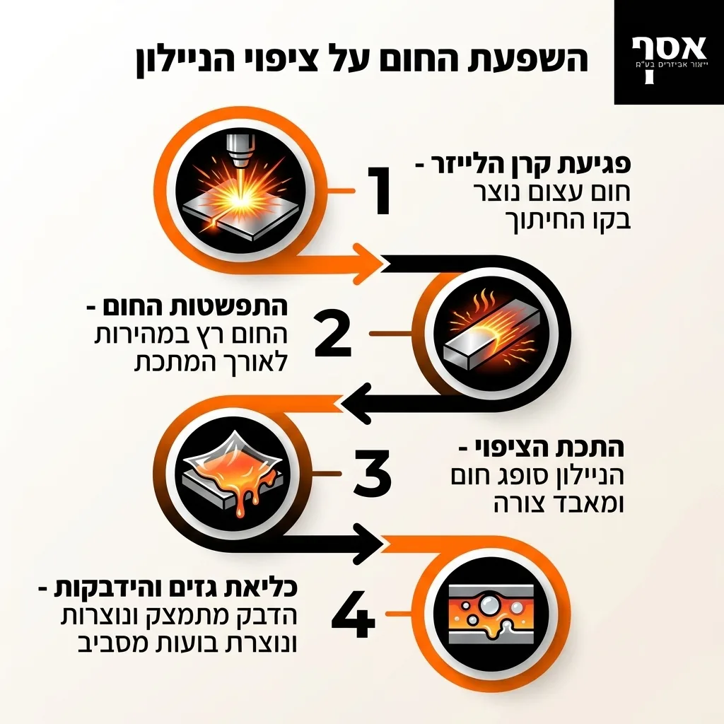 אינפוגרפיקה — השפעת החום על ציפוי הניילון: פגיעת קרן הלייזר, התפשטות החום, התכת הציפוי, כליאת גזים והידבקות