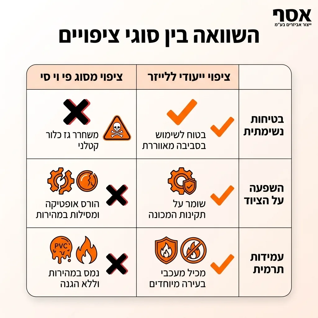 אינפוגרפיקה — השוואה בין סוגי ציפויים: השוואה בין ציפוי ייעודי ללייזר, ציפוי מסוג פי וי סי