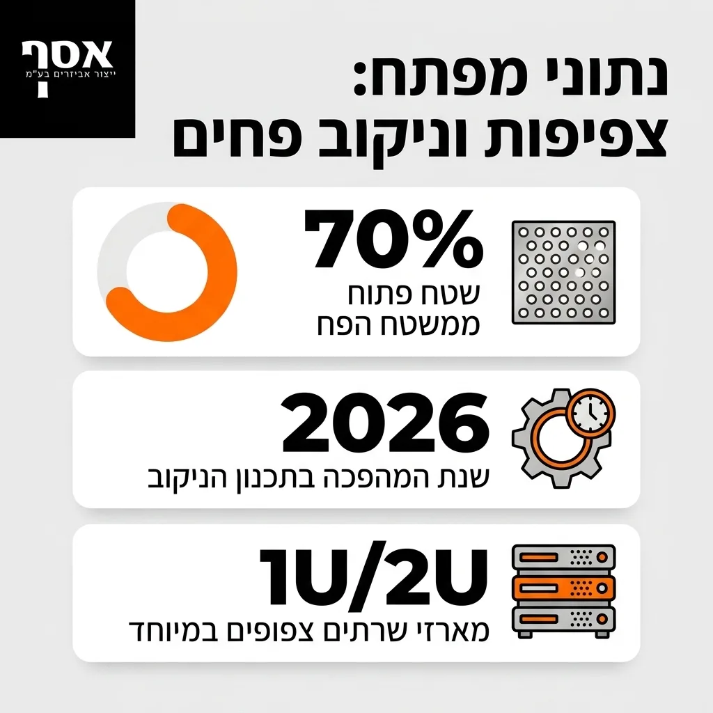 אינפוגרפיקה — נתוני מפתח: צפיפות וניקוב פחים: שטח פתוח ממשטח הפח, שנת המהפכה בתכנון הניקוב, מארזי שרתים צפופים במיוחד