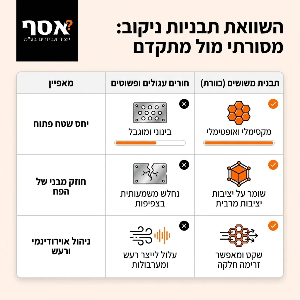 אינפוגרפיקה — השוואת תבניות ניקוב: מסורתי מול מתקדם: השוואה בין חורים עגולים ופשוטים, תבנית משושים (כוורת)