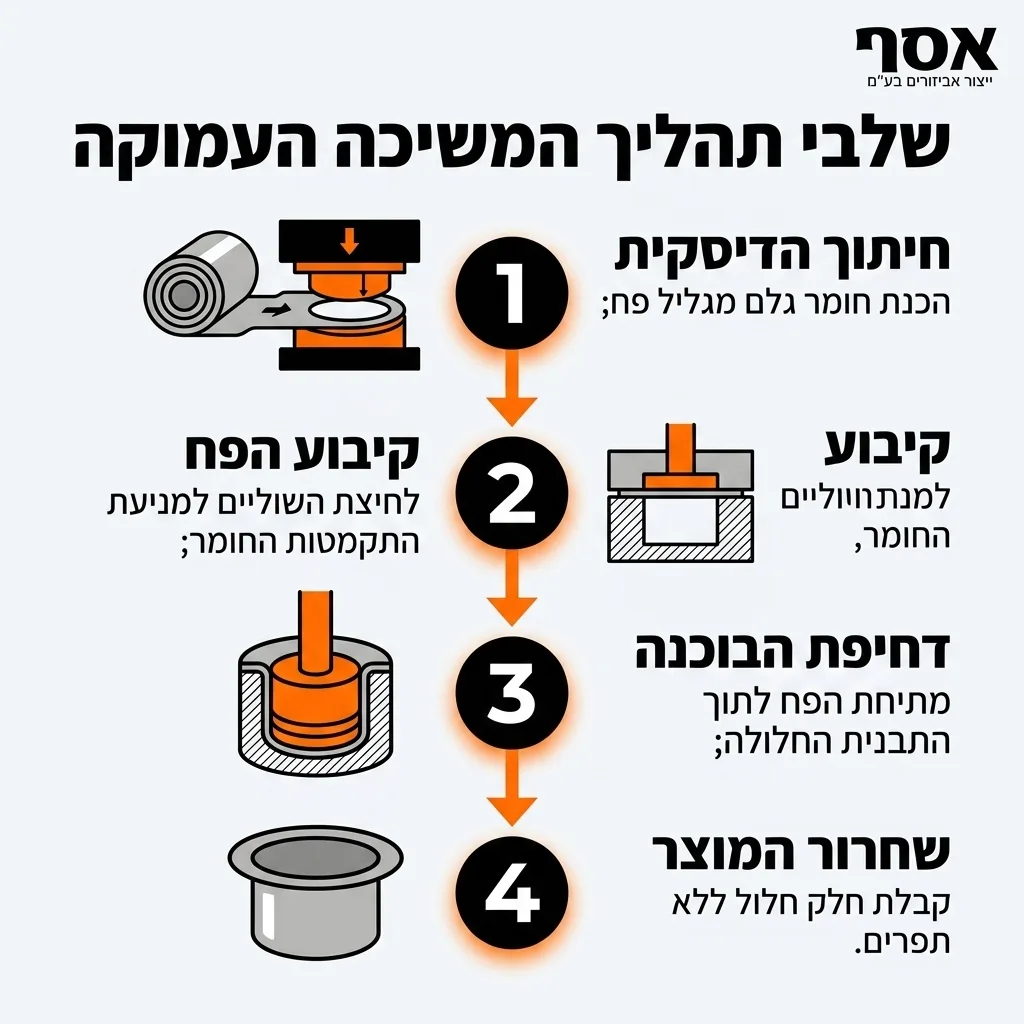אינפוגרפיקה — שלבי תהליך המשיכה העמוקה: חיתוך הדיסקית, קיבוע הפח, דחיפת הבוכנה, שחרור המוצר