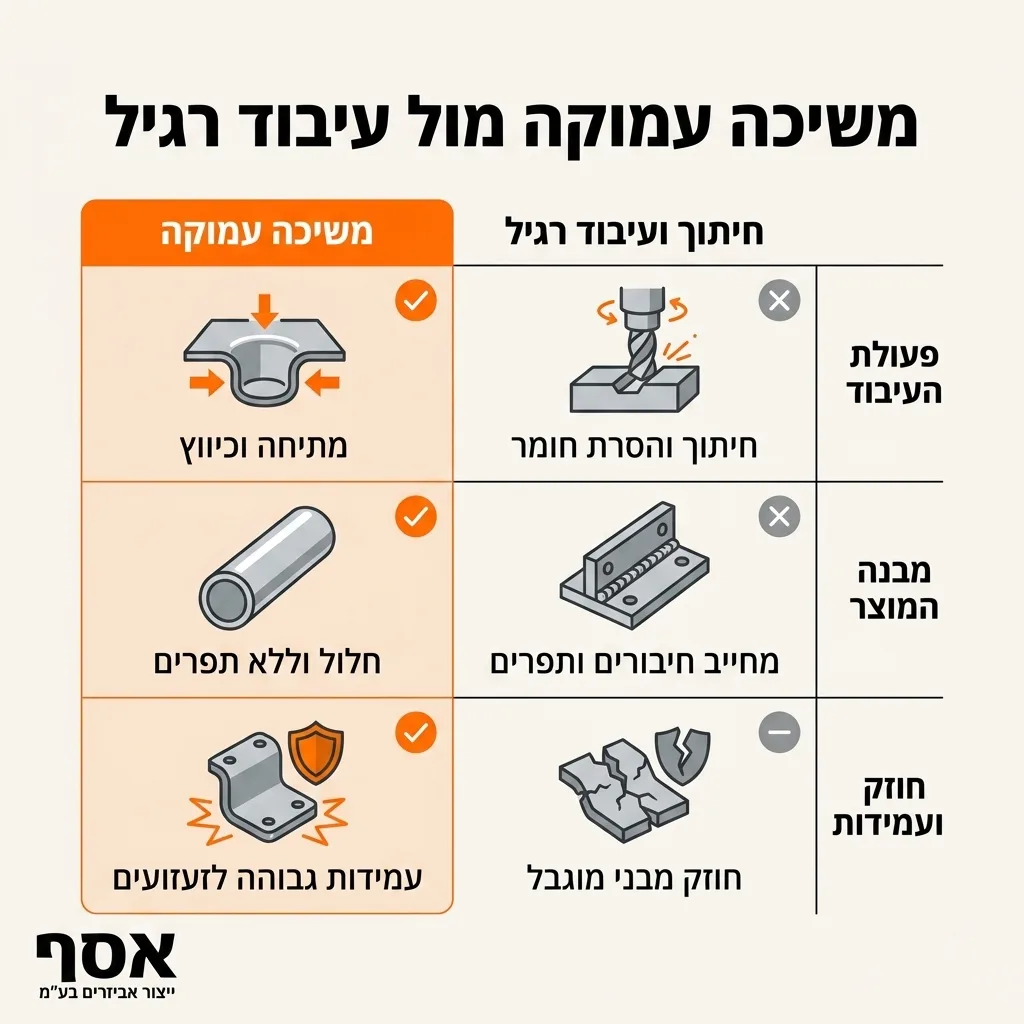 אינפוגרפיקה — משיכה עמוקה מול עיבוד רגיל: השוואה בין משיכה עמוקה, חיתוך ועיבוד רגיל