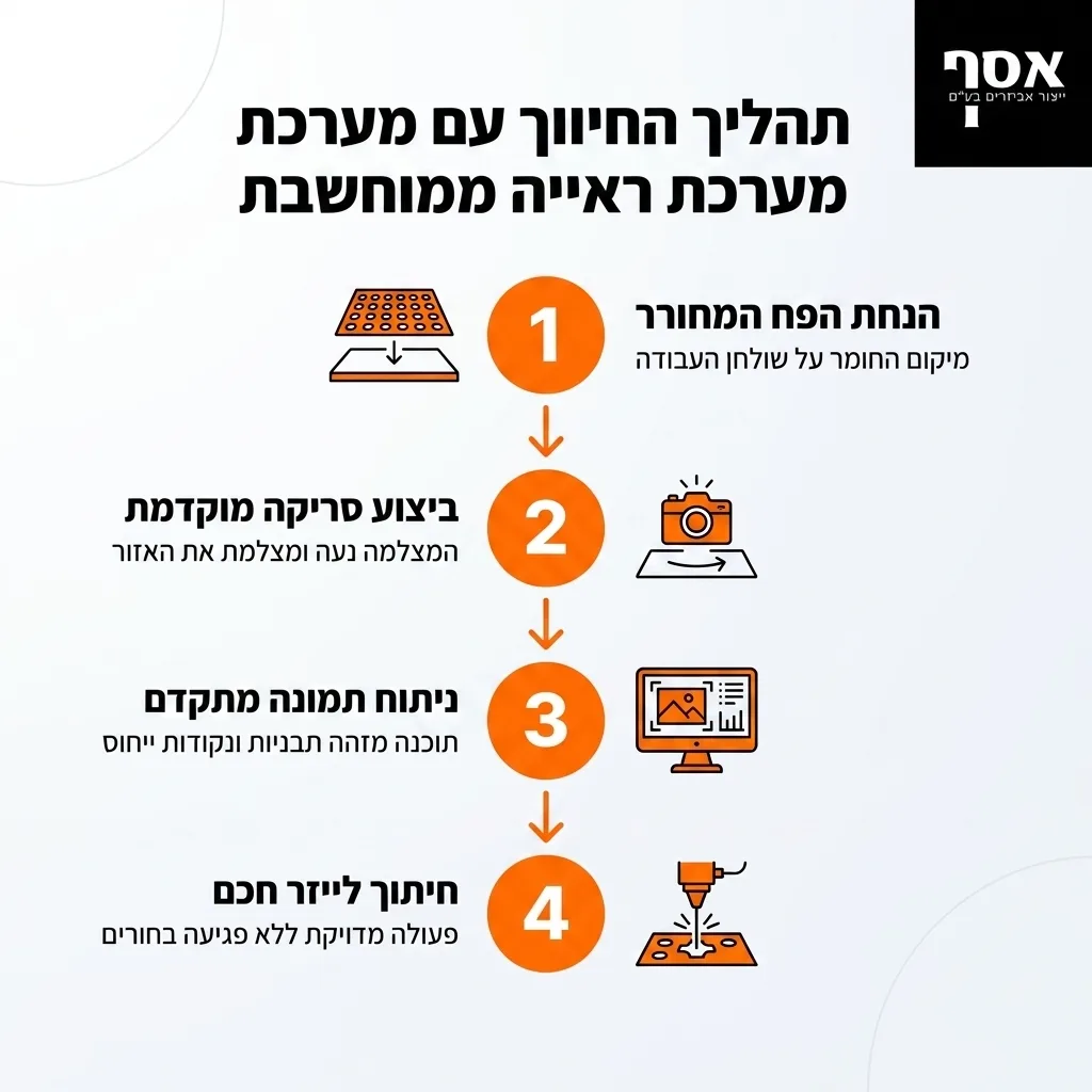 אינפוגרפיקה — תהליך החיתוך עם מערכת ראייה ממוחשבת: הנחת הפח המחורר, ביצוע סריקה מוקדמת, ניתוח תמונה מתקדם, חיתוך לייזר חכם