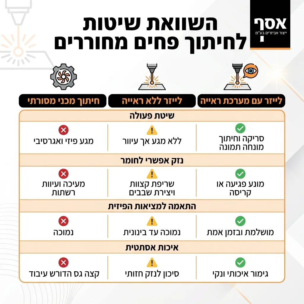 אינפוגרפיקה — השוואת שיטות לחיתוך פחים מחוררים: השוואה בין חיתוך מכני מסורתי, לייזר ללא ראייה, לייזר עם מערכת ראייה