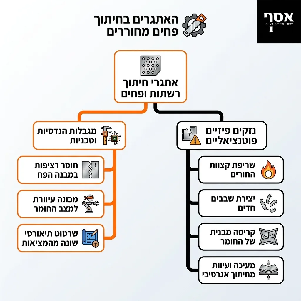 אינפוגרפיקה — האתגרים בחיתוך פחים מחוררים: אתגרי חיתוך רשתות ופחים