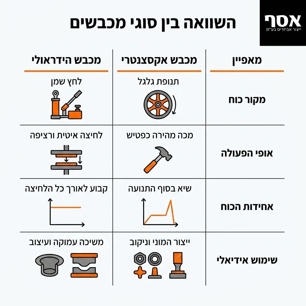 אינפוגרפיקה — השוואה בין סוגי מכבשים: השוואה בין מכבש אקסצנטרי, מכבש הידראולי