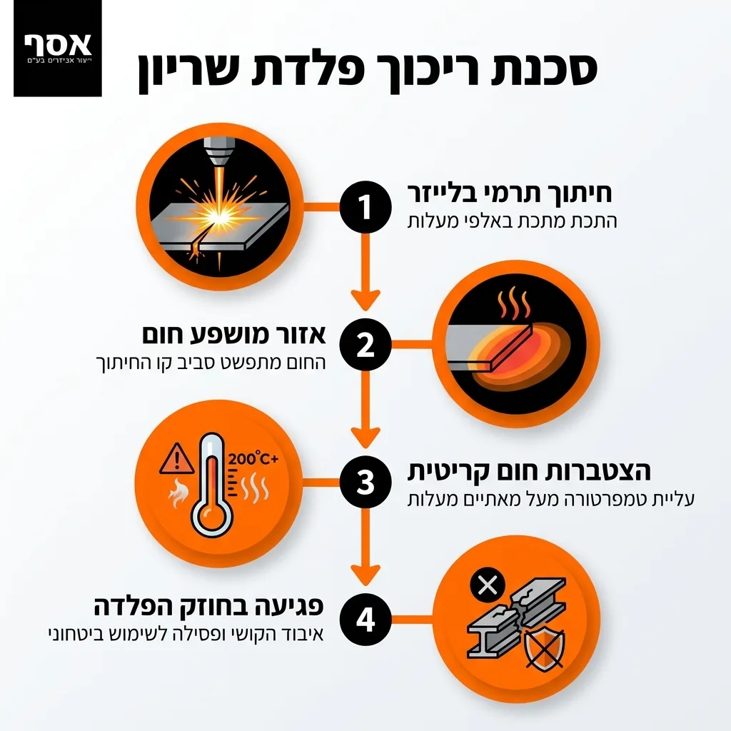 אינפוגרפיקה — סכנת ריכוך פלדת שריון: חיתוך תרמי בלייזר, אזור מושפע חום, הצטברות חום קריטית, פגיעה בחוזק הפלדה