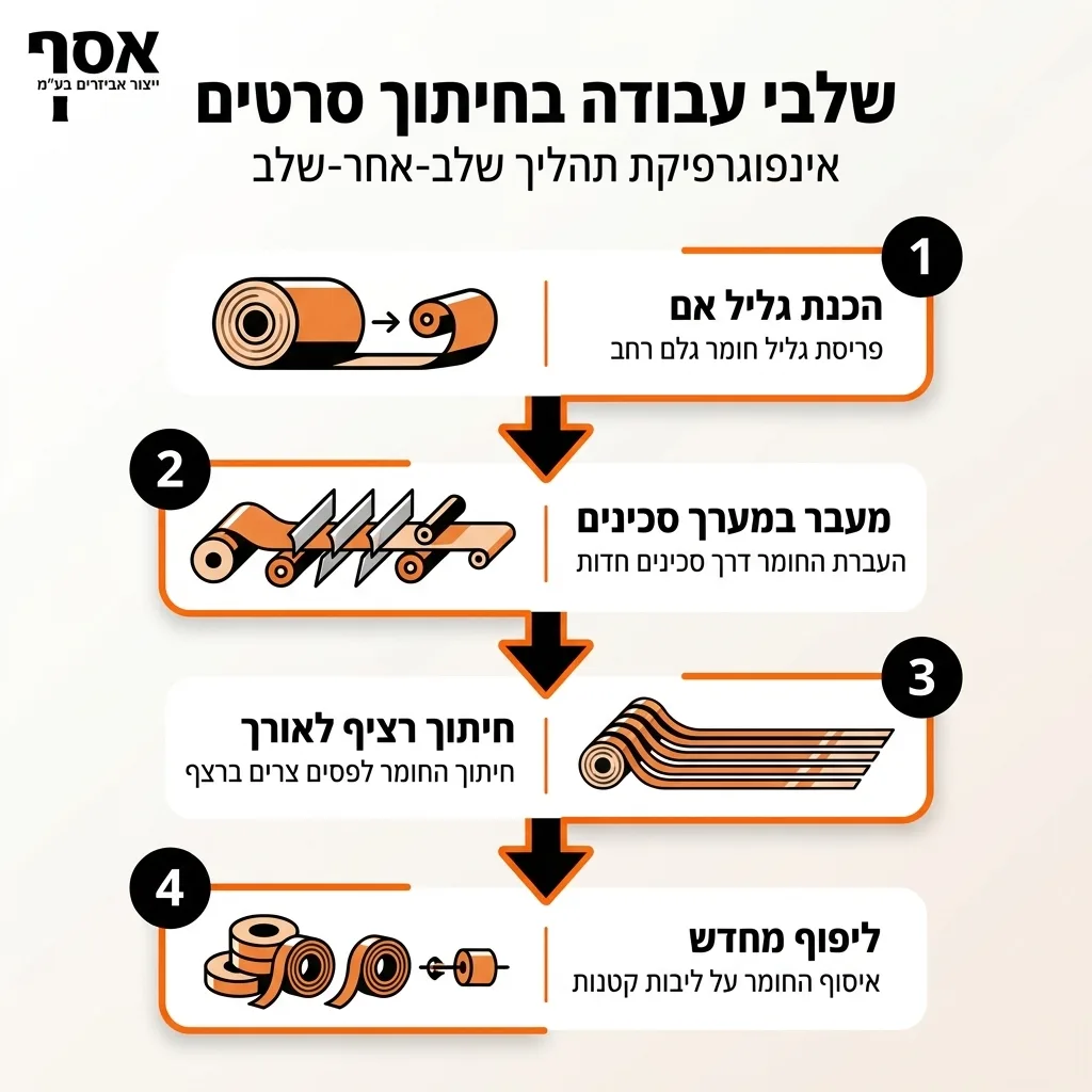 אינפוגרפיקה — שלבי עבודה בחיתוך סרטים: הכנת גליל אם, מעבר במערך סכינים, חיתוך רציף לאורך, ליפוף מחדש