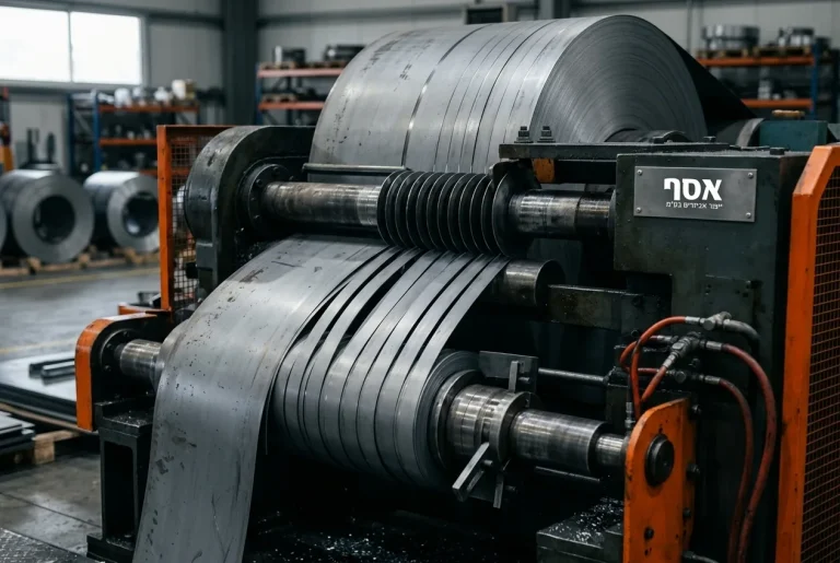 גליל פח נחתך לפסים צרים במכונה ייעודית (Slitter) להמחשת ההבדל מהלייזר.