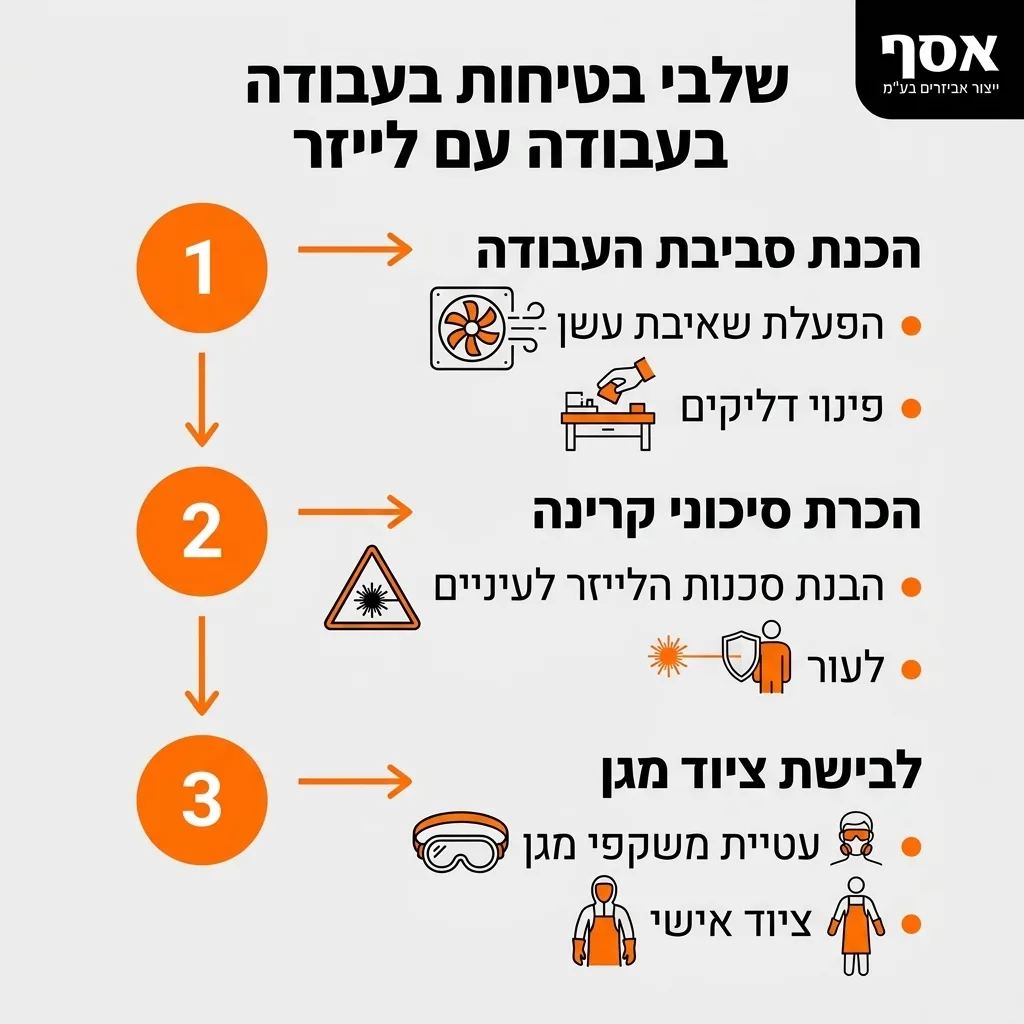 אינפוגרפיקה — שלבי בטיחות בעבודה עם לייזר: הכנת סביבת העבודה, הכרת סיכוני קרינה, לבישת ציוד מגן