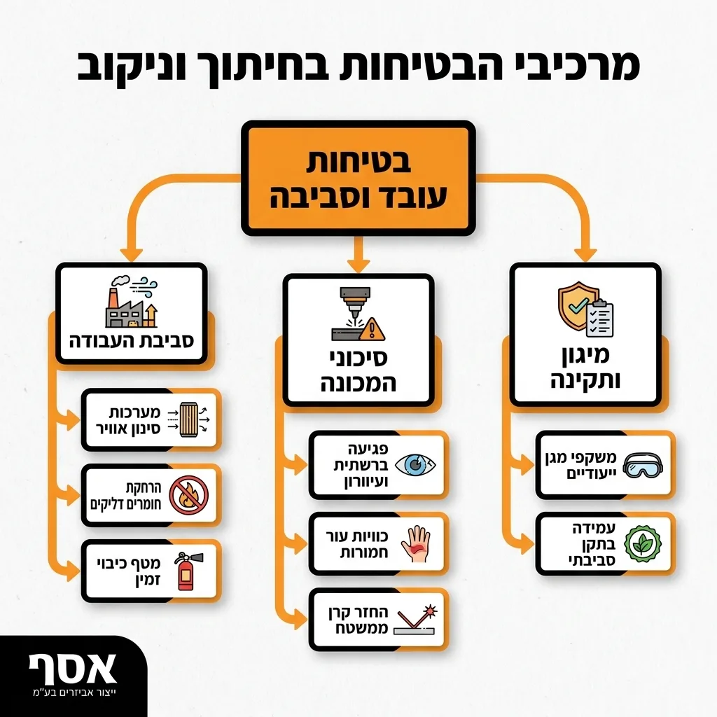 אינפוגרפיקה — מרכיבי הבטיחות בחיתוך וניקוב: בטיחות עובד וסביבה